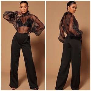 Fashion Nova Black Boss Life Sheer Organza Top Back Tie Wide Leg Jumpsuit Sz XL